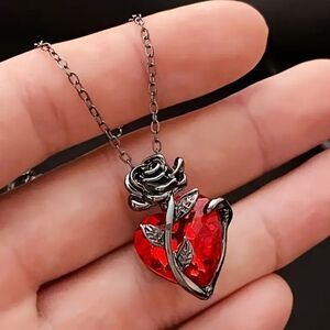 Gothic Black Gun Plated  Rose & Heart Diamond Entwined Pendant Necklace